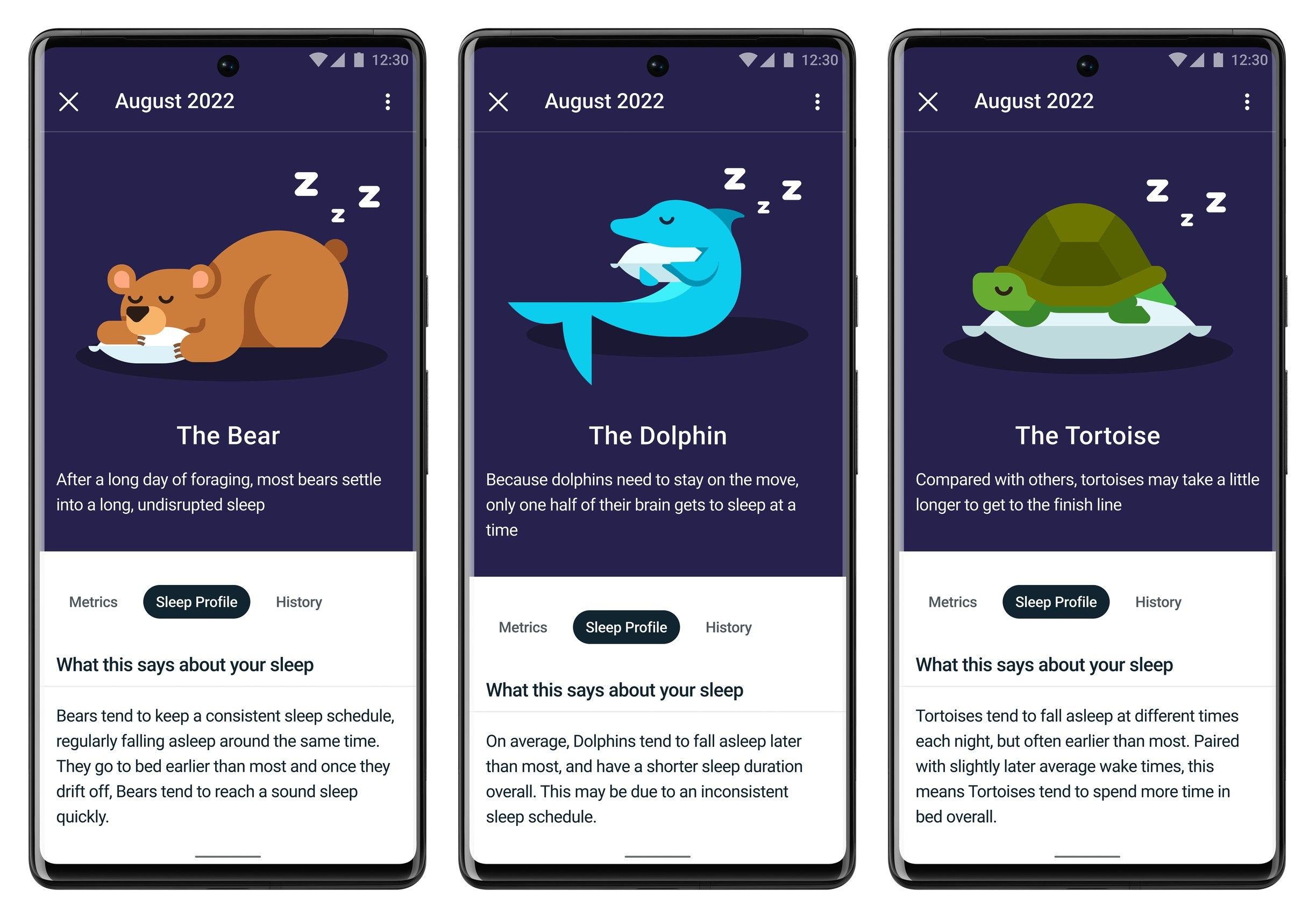 Fitbit の睡眠プロファイル機能のスクリーンショット。